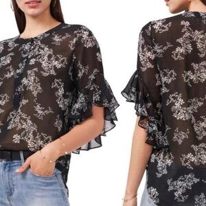 Vince Camuto Black Sheer Floral Blouse Small EUC
